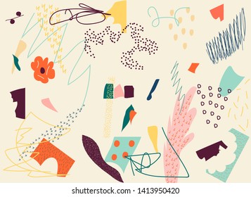 Creative art header with different shapes. Modern graphic design. Hand Drawn textures. Ideal for web, card, poster, cover, invitation, brochure. Vector.