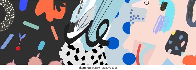 Creative art header with different shapes and textures. Collage. Vector