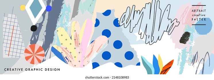 Creative art header with different shapes and textures. Collage. Vector