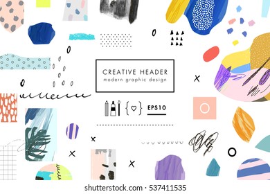 Creative Art Header With Different Shapes And Textures. Collage. Vector