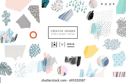 Creative art header with different shapes and textures. Collage. Vector