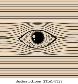 Creative art with Human Eye with capillaries. Spy Eye in Retro styled engraving illustration. Square vector picture. Grunge banner or poster.