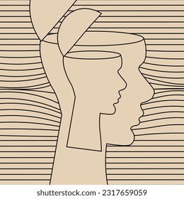 Creative art with Human Head Silhouette on wavw line background. Retro styled engraving illustration. Square vector picture. Grunge banner or poster.