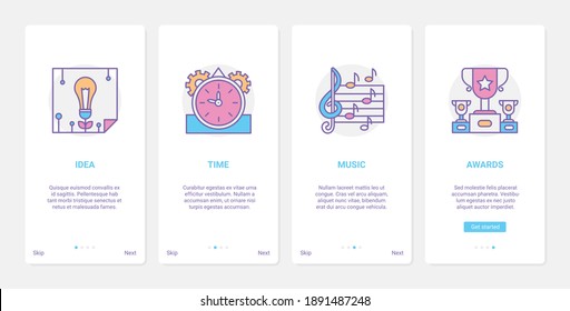 Creative art idea, musical creativity educational technology vector illustration. UX, UI onboarding mobile app page screen set with line music notes education, artist time training and awards symbols