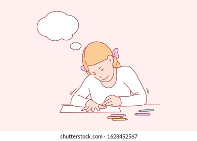 Creative, art, learning, hands, childhood, thought bubble concept. Young girl focusing on hand outlining. Inspirated learning drawing. Schoolgirl paiting creativity lifestyle simple flat vector.