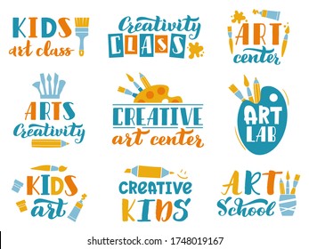 Creative Art Lettering. Kids Art Class Or Studio Handwritten Labels, Children Creativity Center Calligraphic Elements Vector Illustration Set. Art Center Education, Paint Logo Artistic School