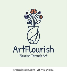Diseño de logotipo de arte creativo con florero, cara y flores de colores
