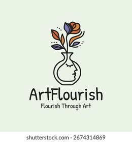 Diseño de logotipo de arte creativo con florero, cara y flores de colores