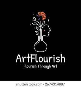 Diseño de logotipo de arte creativo con florero, cara y flores de colores