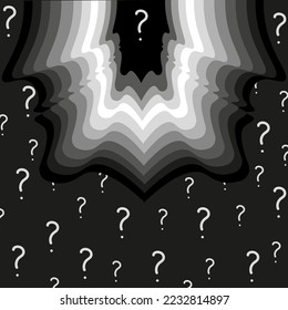 Objeto de arte creativo con silueta de persona sobre fondo negro con signo de interrogación. El interior está decorado en blanco y negro. 