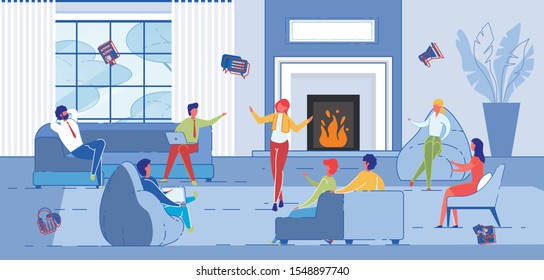 Creative Art People Work Together in Coworking Space. Work Team Informal Meeting, Training or business games. Discussion and Brainstorming in Lounge Room or Loft. Flat Cartoon Vector ILlustration.