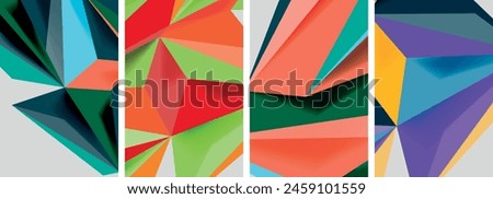A creative art piece featuring a collage of four different colored geometric shapes triangle, rectangle, in tints and shades, including an electric blue, on a white background