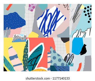 Creative art poster with different shapes and textures. Paper cut. Collage. 