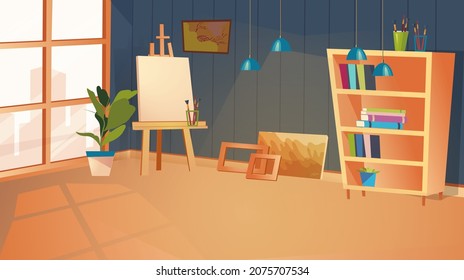 Creative art studio interior. Apartment with furniture - easel with canvas for painting, brushes, paintings and frames, bookcase, huge window. Vector illustration background in flat cartoon design