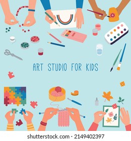 Creative art studio for kids. Top view of the table with children hands doing knitting, drawing, herbarium, beading, picking up puzzles. Hand drawn vector illustration in flat cartoon style.