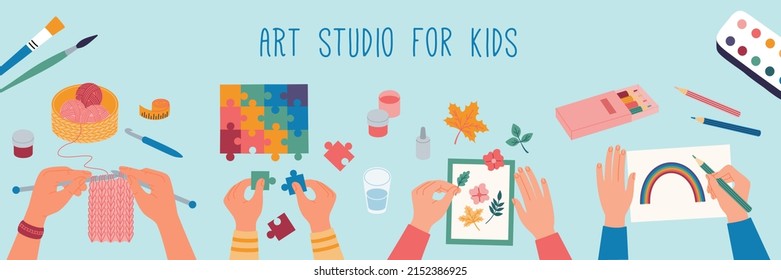 Creative art studio for kids. Top view of the table with children hands doing knitting, drawing, herbarium, picking up puzzles. Hand drawn color vector illustration in flat cartoon style.