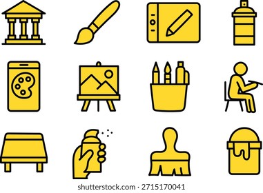 Iconos creativos del estudio del arte y de la línea de la pintura fijados con el museo, las herramientas, el Espacio de trabajo y los conceptos Artistas