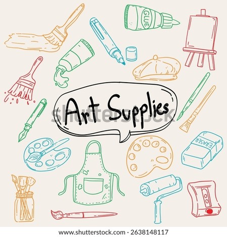 Creative art supplies doodle illustrations showcasing brushes, palettes, canvases, markers, and painting tools, ideal for artist projects, school materials, stationery designs, and workshop decor.