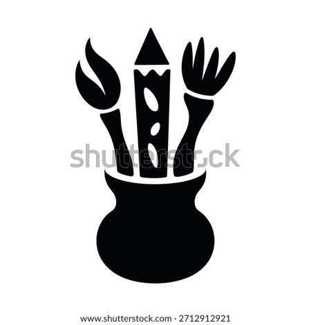 Creative Art Tools Silhouette in Pot – Pencil, Paintbrush, and Pen Icon on White Background