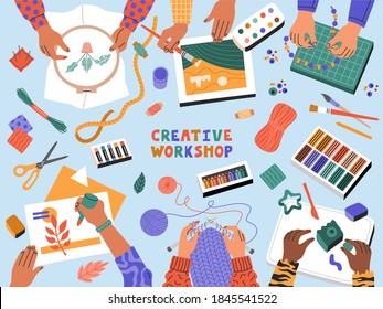 Creative art workshop, children cutting paper, drawing, knitting, embroidery, top view. Template banner for educational classes for kids. Hand drawn illustration in modern cartoon flat style.