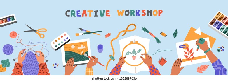 Creative Art Workshop For Kids, Drawing, Embroider, Knit And Colored Paper Applique, Top View On Blue Table. Horizontal Banner Template For Advertising. Hand Drawn Illustration In Flat Cartoon Style