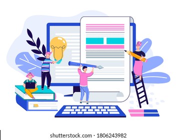 Creative article writing, content creation and marketing or text editing service website concept. Tiny cartoon people around paper scroll on computer, vector illustration