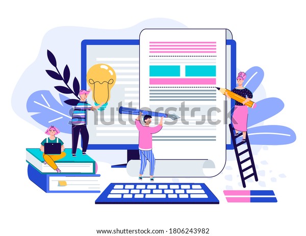 Creative article writing,\
content creation and marketing or text editing service website\
concept. Tiny cartoon people around paper scroll on computer,\
vector illustration