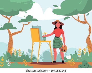 Creative artist background with painter and landscape symbols flat vector illustration