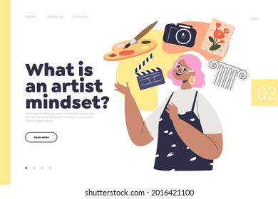 Creative artist mindset concept of landing page with cartoon female character of artistic creative thinking personality type and art hobby. Flat vector illustration