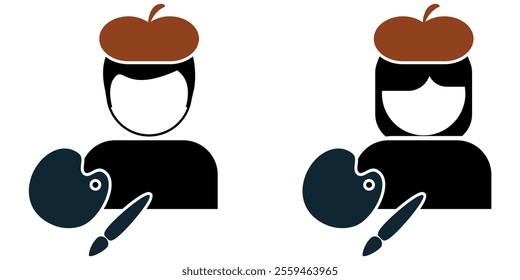 Creative Artist or painter with Beret, pallet and brush icon profile in two gender for job profession vector