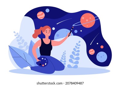 Creative artist painting planets and stars in space. Woman holding brush and paints for creation flat vector illustration. Art studio, agency concept for banner, website design or landing web page