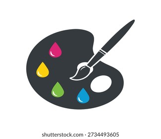 Ícone de vetor de paleta e pincel de artista criativo, design plano minimalista com gotas de tinta coloridas para estúdio de arte e educação
