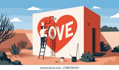 Creative artist standing on a tall ladder painting a large red heart with the word love on the side of a building in the desert.