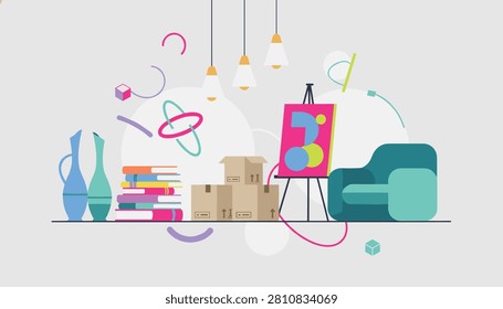 Creative artist workspace featuring an art easel, a cozy teal armchair, stacked books, and abstract floating shapes.