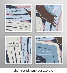 Creative artistic backgrounds set with brush strokes, hand drawn textures, hipster style. Vector template for card, invitation, voucher, certificate. Trendy design for tag, cover, fabric, brochure 