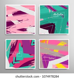 Creative artistic backgrounds set with brush strokes, hand drawn textures, hipster style. Vector template for card, invitation, voucher, certificate. Trendy design for tag, cover, fabric, brochure 
