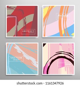 Creative artistic backgrounds set with brush strokes, hand drawn textures, hipster style. Vector template for card, invitation, voucher, certificate. Trendy design for tag, cover, fabric, brochure 