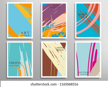 Creative artistic backgrounds set with brush strokes, hand drawn textures, hipster style. Vector template for card, invitation, voucher, certificate. Trendy design for tag, cover, fabric, brochure 