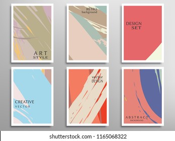 Creative artistic backgrounds set with brush strokes, hand drawn textures, hipster style. Vector template for card, invitation, voucher, certificate. Trendy design for tag, cover, fabric, brochure 