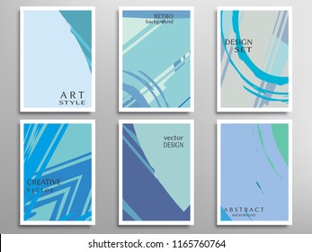 Creative artistic backgrounds set with brush strokes, hand drawn textures, hipster style. Vector template for card, invitation, voucher, certificate. Trendy design for tag, cover, fabric, brochure 
