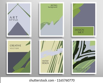 Creative artistic backgrounds set with brush strokes, hand drawn textures, hipster style. Vector template for card, invitation, voucher, certificate. Trendy design for tag, cover, fabric, brochure 