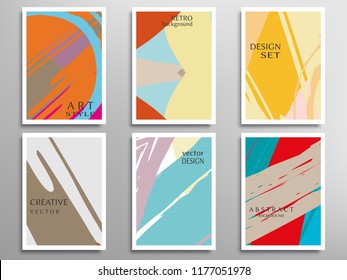 Creative artistic backgrounds set with brush strokes, hand drawn textures, hipster style. Vector template for card, invitation, voucher, certificate. Trendy design for tag, cover, fabric, brochure 