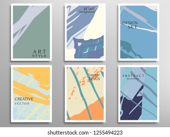 Creative artistic backgrounds set with brush strokes, hand drawn textures, hipster style. Vector template for card, invitation, voucher, certificate. Trendy design for tag, cover, fabric, brochure 