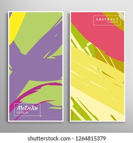 Creative artistic backgrounds set with brush strokes, hand drawn textures, hipster style. Vector template for card, invitation, voucher, certificate. Trendy design for tag, cover, fabric, brochure 