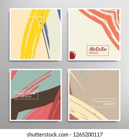 Creative artistic backgrounds set with brush strokes, hand drawn textures, hipster style. Vector template for card, invitation, voucher, certificate. Trendy design for tag, cover, fabric, brochure 