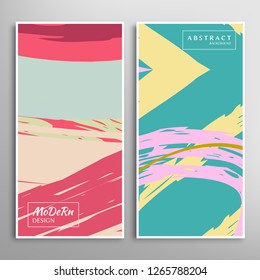 Creative artistic backgrounds set with brush strokes, hand drawn textures, hipster style. Vector template for card, invitation, voucher, certificate. Trendy design for tag, cover, fabric, brochure 