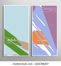 Creative artistic backgrounds set with brush strokes, hand drawn textures, hipster style. Vector template for card, invitation, voucher, certificate. Trendy design for tag, cover, fabric, brochure 