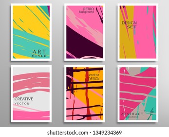 Creative artistic backgrounds set with brush strokes, hand drawn textures, hipster style. Vector template for card, invitation, voucher, certificate. Trendy design for tag, cover, fabric, brochure 
