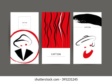 Creative artistic cards with hand drawn girl. Fashion beauty model illustration. Close up, make up, accessories. Young attractive lady in hat. Party, performance, meeting invitation. Business card.