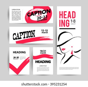 Creative artistic cards with hand drawn girl. Fashion beauty model illustration. Close up, make up, accessories. Young attractive lady in hat. Party, performance, meeting invitation. Business card.